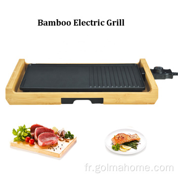 2 en 1 grill et plaque plate portable sans fumée Bambboo grill en bambou